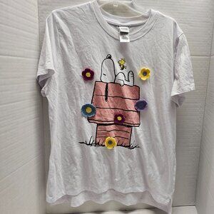 Peanuts Snoopy Charlie Brown Womens Tee T Shirt White Crochet Flowers House XL